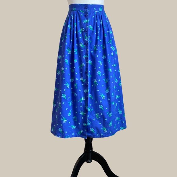 Vintage Gina Peters Petite Blue Floral Button Front A-Line Maxi Skirt - Picture 6 of 7